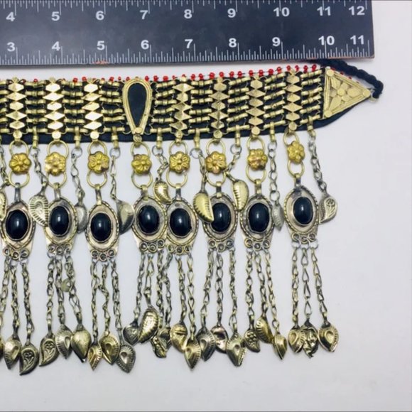 Tribal Choker Necklace With Dangling Tassels and Black Stones, Handmade Choker - Picture 5 of 11